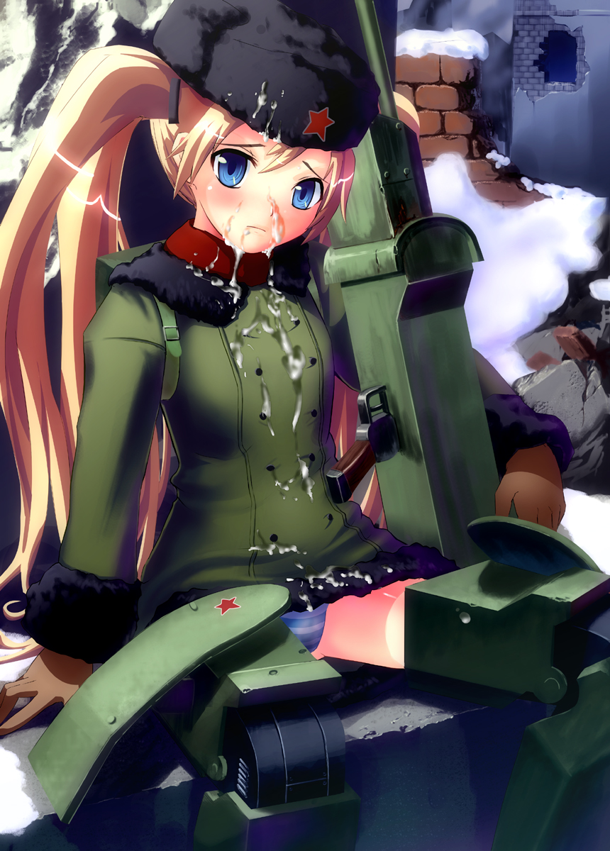 blonde_hair blue_eyes cum cum_on_clothes facial fur_hat hat highres kuroba_(f-15c_eagle) long_hair mecha_musume military original panties solo striped striped_panties t-34_(personification) twintails underwear weapon