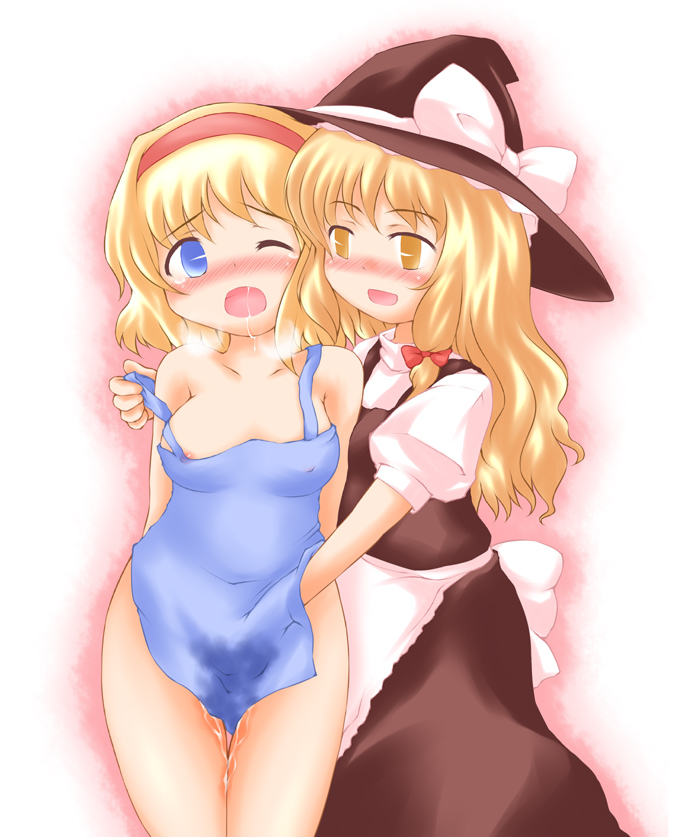 alice_margatroid apron blonde_hair blush kirisame_marisa long_hair multiple_girls nude saliva sekiri short_hair touhou wet yuri