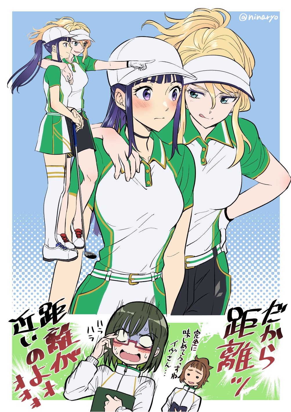 4girls amawashi_aoi arm_around_shoulder artist_name birdie_wing:_golf_girls'_story blank_eyes blonde_hair blue_background blue_hair blush brown_hair choker eve_(birdie_wing) full_body glasses gloves golf_club green_eyes greyscale highres licking_lips long_hair looking_at_another monochrome multiple_girls multiple_views niina_ryou open_mouth pointing ponytail purple_eyes saotome_ichina shinjou_amane shoes short_hair shorts simple_background sneakers surprised sweat thighhighs tongue tongue_out visor_cap yuri