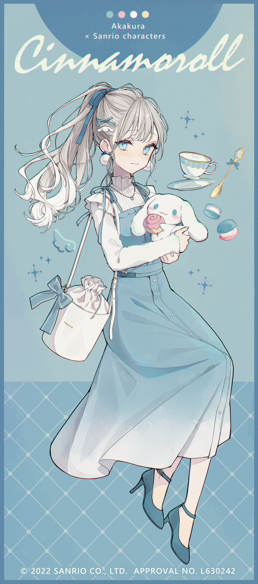 1girl 2022 akakura artist_name bag bangs blue_eyes blue_footwear blue_ribbon character_name cinnamoroll closed_mouth company_name copyright cup dress earrings floating full_body grey_hair hair_ribbon high_heels highres jewelry long_hair long_sleeves looking_at_viewer official_art pom_pom_(clothes) pom_pom_earrings ponytail ribbon sanrio saucer shoulder_bag solo spoon teacup white_bag