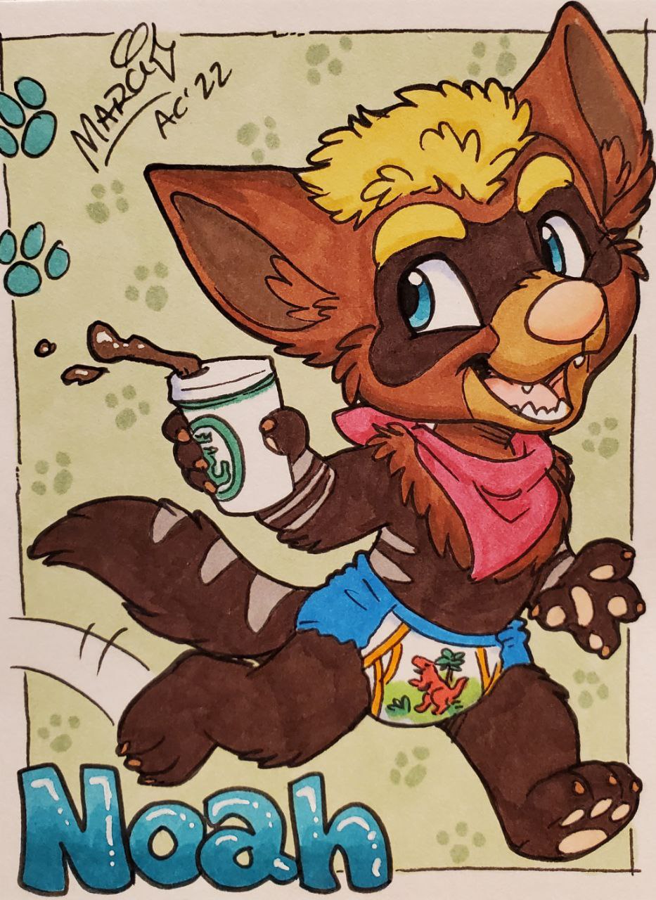 anthro baby beverage coffee diaper dinosaur domestic_ferret gremlin hi_res hyper infantilism mammal marci_mcadam mustela mustelid musteline nonbinary_(lore) playing pull pull-ups reptile running scalie solo thief toddler true_musteline ups young