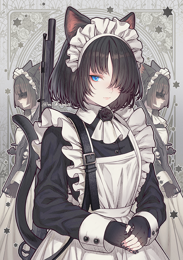3girls animal_ears apron ascot black_gloves black_hair black_nails blindfold blue_eyes cat_ears cat_girl cat_tail closed_mouth fingerless_gloves gloves gun hair_over_one_eye long_sleeves looking_at_viewer maid maid_apron maid_headdress multiple_girls n_kamui one_eye_covered original own_hands_together sling solo_focus tail upper_body weapon white_ascot