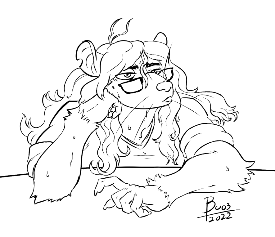 ambiguous_gender anthro bodily_fluids boo3 eyewear glasses hair jj_(boo3) long_hair mammal messy_hair monochrome murid murine nonbinary_(lore) notched_ear rat rodent slightly_chubby solo sweat