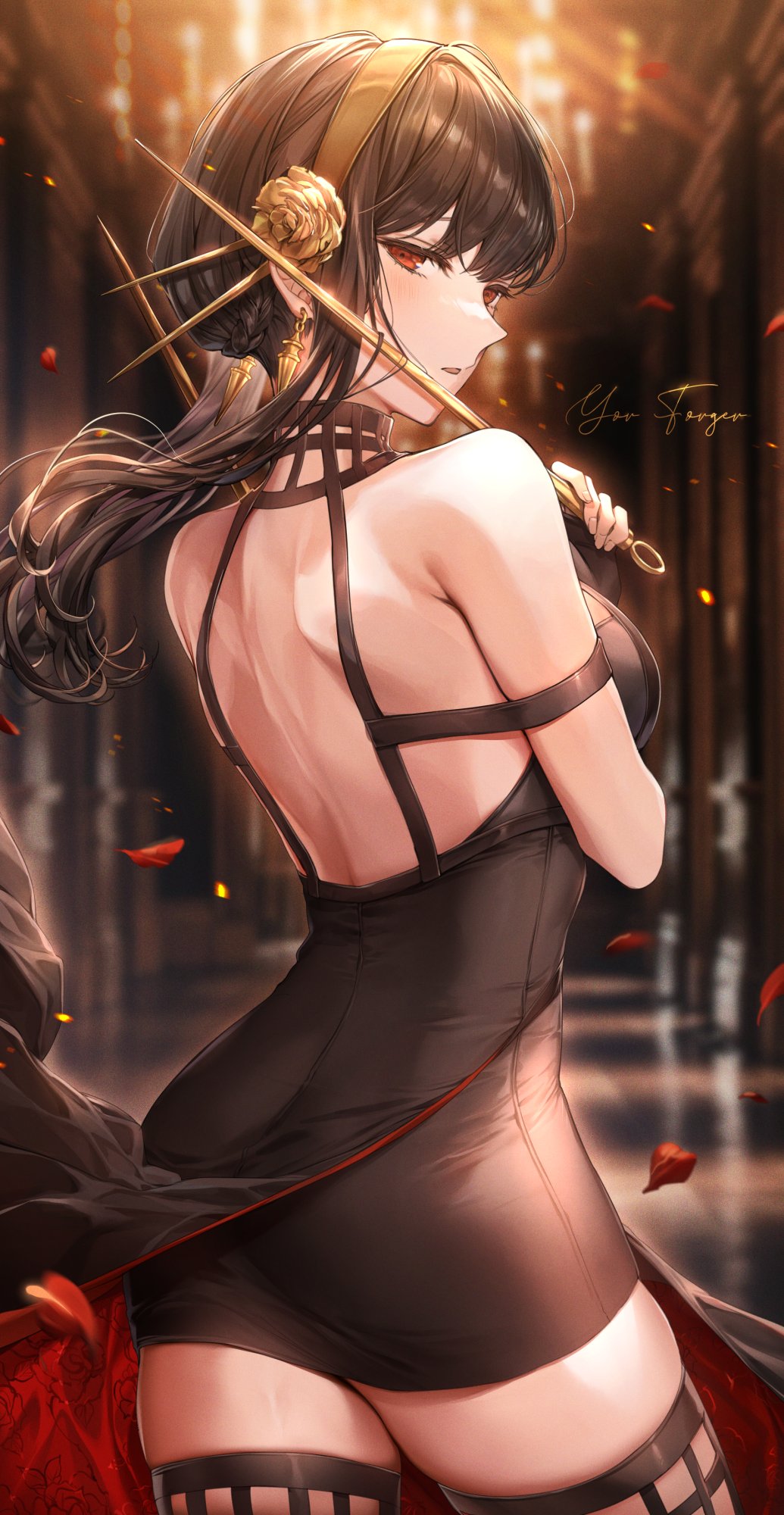 1girl arched_back ass back backless_dress backless_outfit bare_shoulders black_dress black_hair black_legwear blurry breasts cowboy_shot dagger depth_of_field dress earrings from_behind hairband highres holding holding_dagger holding_weapon indoors jewelry knife looking_at_viewer looking_back medium_breasts parted_lips petals pillo red_eyes short_hair_with_long_locks shoulder_blades skindentation sleeveless sleeveless_dress solo spy_x_family standing thighhighs thighs weapon yor_briar
