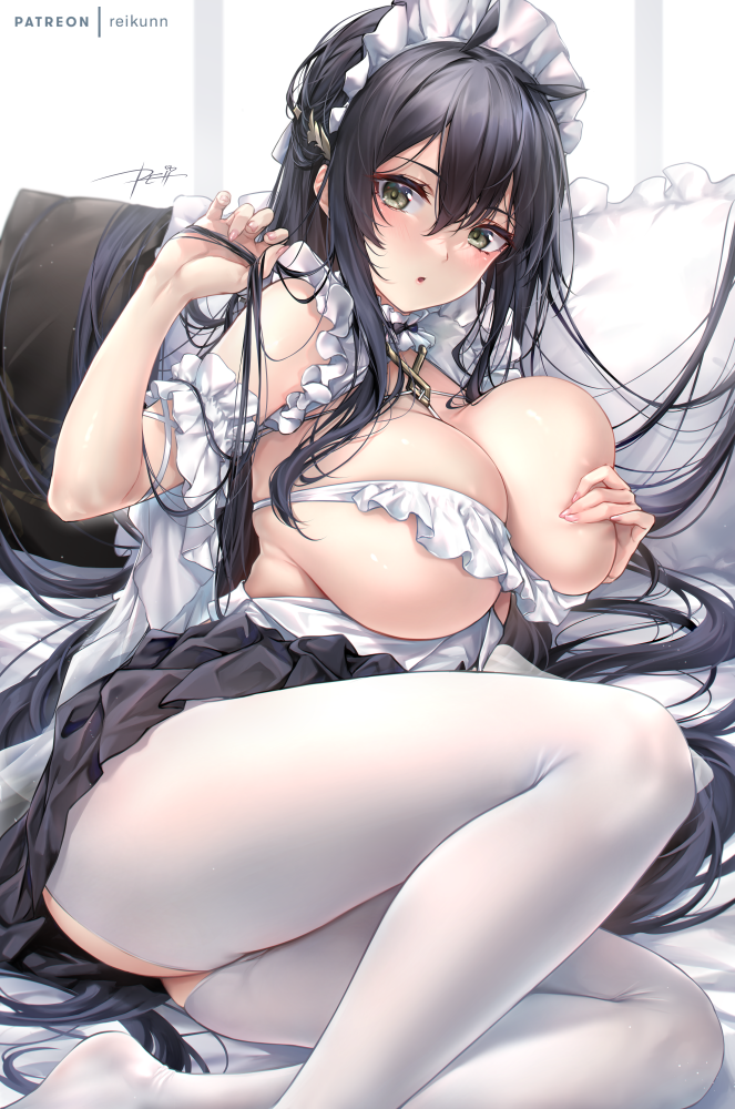 1girl :o ass azur_lane bangs black_hair black_skirt blush breasts cleavage dress flower frills green_eyes hair_between_eyes hair_ornament huge_breasts indomitable_(azur_lane) indomitable_(ms._motivationless_maid)_(azur_lane) large_breasts long_hair looking_at_viewer maid maid_headdress official_alternate_costume open_mouth pantyhose parted_lips rei_kun skirt solo thighs underboob very_long_hair white_dress white_pantyhose