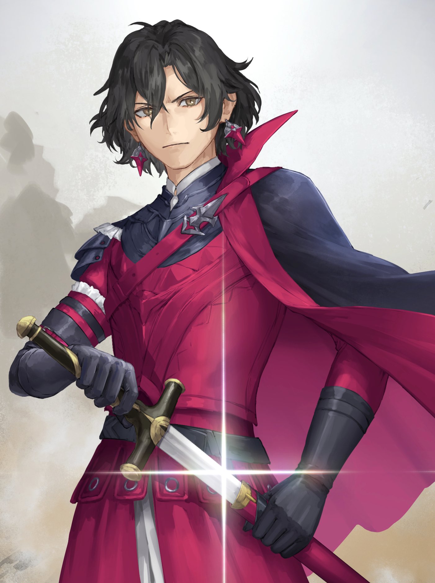 1boy armor belt black_belt black_cape black_gloves black_hair brown_eyes cape closed_mouth collared_cape constantine_xi_(fate) curtained_hair diffraction_spikes earrings fate/grand_order fate_(series) glint gloves hair_between_eyes highres holding holding_sheath holding_sword holding_weapon jewelry kouzuki_kei looking_at_viewer male_focus red_armor scowl sheath short_hair shoulder_belt shoulder_cape smoke solo sword two-sided_fabric unsheathing upper_body weapon