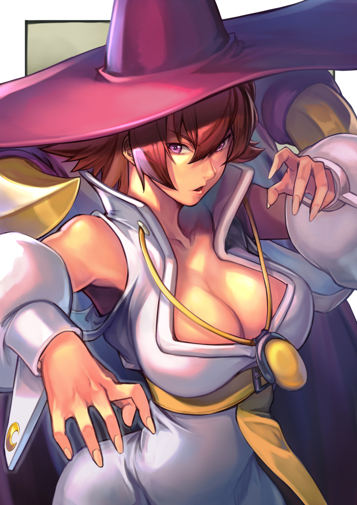 1girl bangs belt bodysuit breasts cape cleavage closed_mouth clothing_cutout collarbone commentary_request detached_sleeves fingernails frown hair_between_eyes hat hinoru_saikusa large_breasts large_hat looking_at_viewer open_mouth purple_eyes red_hair short_hair solo tabasa warzard white_bodysuit witch witch_hat