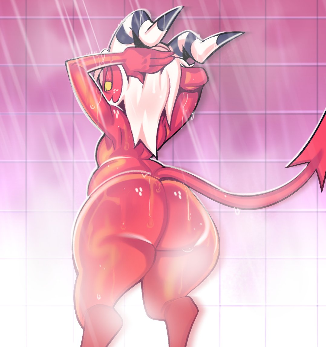 big_butt butt freckles girly hair helluva_boss horn humanoid imp looking_away male moxxie_(helluva_boss) nude red_body red_skin shower solo spade_tail striped_horn stripes submarine_screw thick_thighs white_hair wide_hips