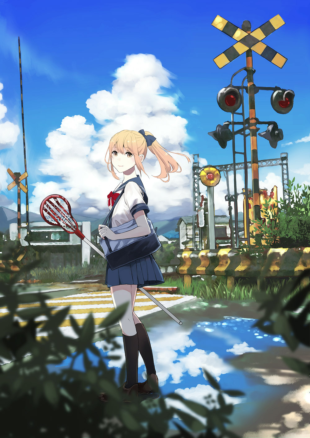 1girl bag bangs black_legwear blonde_hair blue_bow blue_sailor_collar blue_skirt blue_sky bow brown_footwear butterfly_net closed_mouth cloud commentary_request cumulonimbus_cloud guard_rail hair_bow hand_net highres holding holding_butterfly_net kneehighs loafers looking_at_viewer looking_to_the_side original outdoors ponytail puddle railroad_crossing red_bow reflection sailor_collar scenery school_bag school_uniform serafuku shoes skirt sky smile yamamoto_makuya yellow_eyes