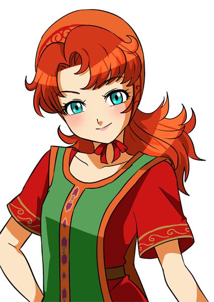 1girl blue_eyes breasts closed_mouth curly_hair dragon_quest dragon_quest_vii hood long_hair looking_at_viewer maribel_(dq7) orange_hair simple_background smile solo white_background yutsuki_l
