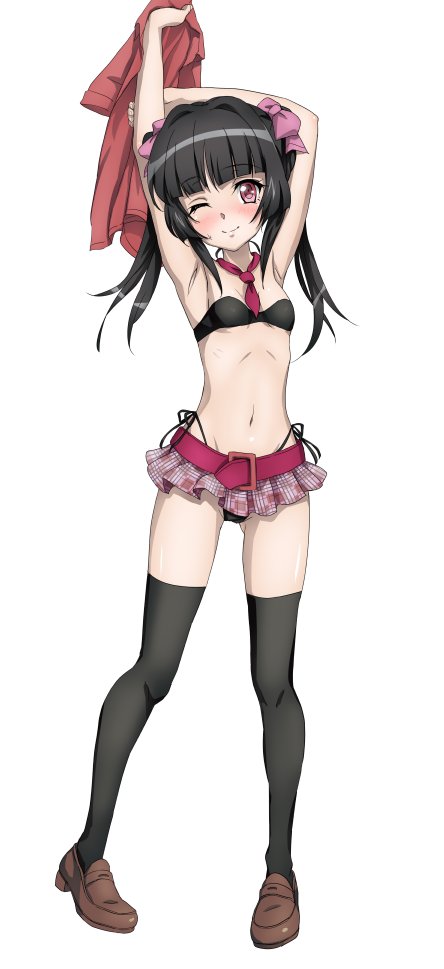 1girl armpits arms_up bangs bikini bikini_under_clothes black_bikini black_hair blunt_bangs breasts flat_chest fujikawa_daichi long_hair looking_at_viewer pink_eyes senki_zesshou_symphogear shiny shiny_hair shiny_skin side-tie_bikini simple_background skirt small_breasts smile solo standing swimsuit tsukuyomi_shirabe twintails white_background