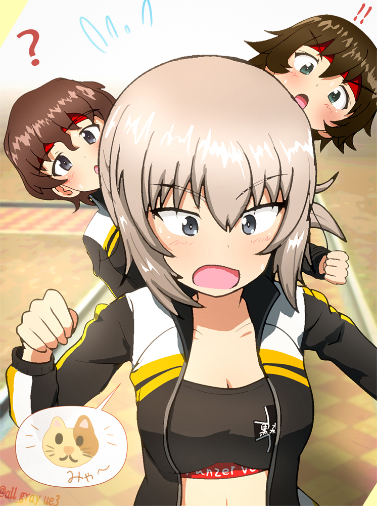 3girls akaboshi_koume alternate_costume alternate_hairstyle black_sports_bra breasts brown_hair cleavage commentary_request girls_und_panzer girls_und_panzer_senshadou_daisakusen! haiiro_purin hairband itsumi_erika jogging mauko_(girls_und_panzer) multiple_girls official_alternate_costume ponytail red_hairband running sports_bra sportswear