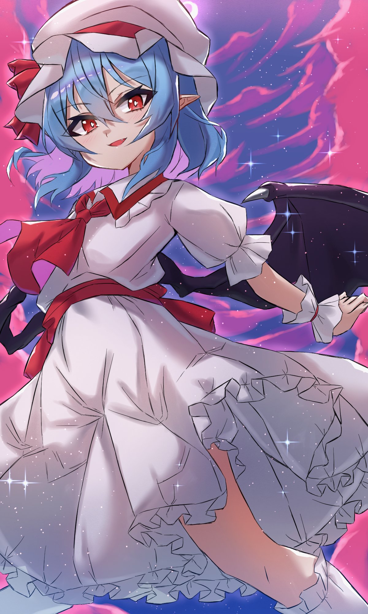 1girl ascot bat_wings bloomers blue_hair bow collared_shirt fang frilled_shirt_collar frilled_skirt frilled_sleeves frills hat hat_ribbon highres katsukare mob_cap open_mouth outdoors pointy_ears puffy_short_sleeves puffy_sleeves red_ascot red_bow red_clouds red_eyes red_ribbon remilia_scarlet ribbon shirt short_hair short_sleeves skirt skirt_set solo sparkle touhou underwear waist_bow white_headwear white_legwear white_shirt white_skirt wings wrist_cuffs