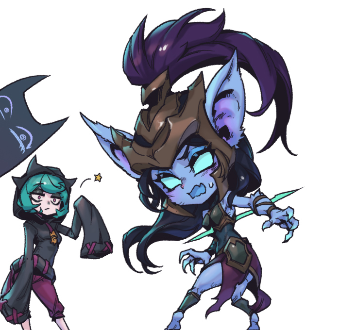 2girls alternate_ears alternate_form armor bangs bare_shoulders barefoot black_hair black_hoodie blue_skin colored_sclera colored_skin feet_out_of_frame green_hair green_sclera grey_background helmet hood hood_up hoodie kalista league_of_legends long_hair multiple_girls open_mouth pants phantom_ix_row pink_pants pointy_ears shiny shiny_hair short_hair simple_background standing star_(symbol) vex_(league_of_legends) vex_shadow_(league_of_legends) yordle