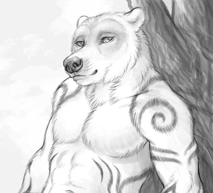 abs against_natural_surface against_surface against_tree anthro featureless_chest fur greyscale half-closed_eyes looking_at_viewer male mammal monochrome narrowed_eyes navel plant polar_bear rukis solo story story_in_description tattoo tree tulimak_(rukis) ursid ursine