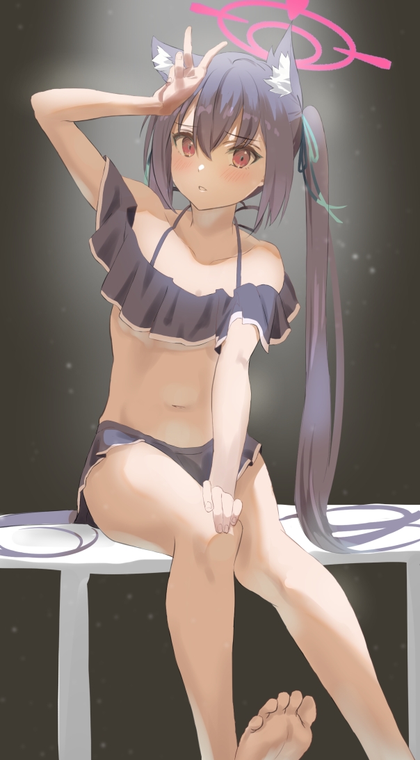 1girl animal_ears arm_up bangs barefoot bench bikini black_background black_hair blue_archive bow cat_ears cat_girl collarbone commentary_request detached_sleeves frilled_swimsuit frills hair_between_eyes hair_bow hair_ribbon halo hand_on_own_head kuu_(user_gngs5284) long_hair looking_at_viewer navel off-shoulder_bikini off_shoulder official_alternate_costume red_eyes ribbon serika_(blue_archive) serika_(swimsuit)_(blue_archive) short_sleeves sidelocks simple_background sitting solo stomach swimsuit twintails v