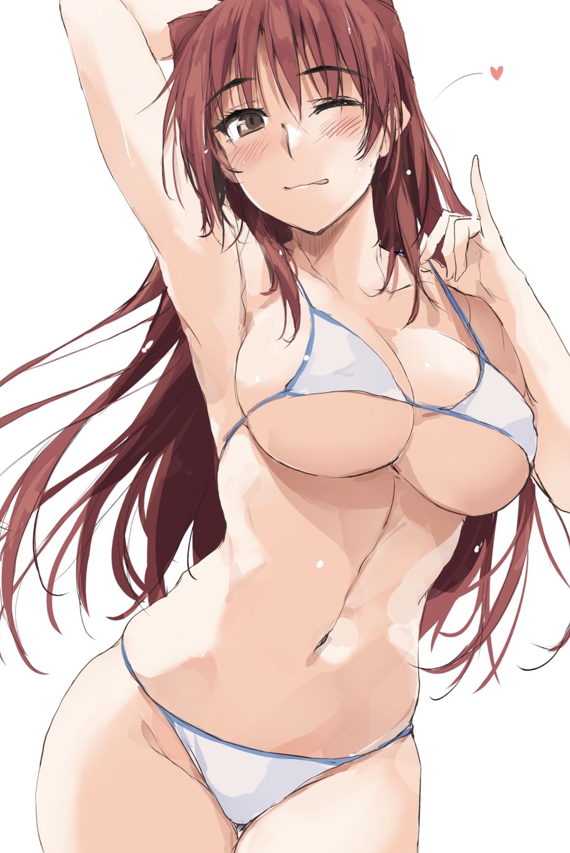 1girl bikini breasts brown_eyes cowboy_shot highres kousaka_tamaki large_breasts long_hair looking_at_viewer one_eye_closed red_hair simple_background solo swimsuit thigh_gap to_heart_2 two_side_up white_background white_bikini zekkyon