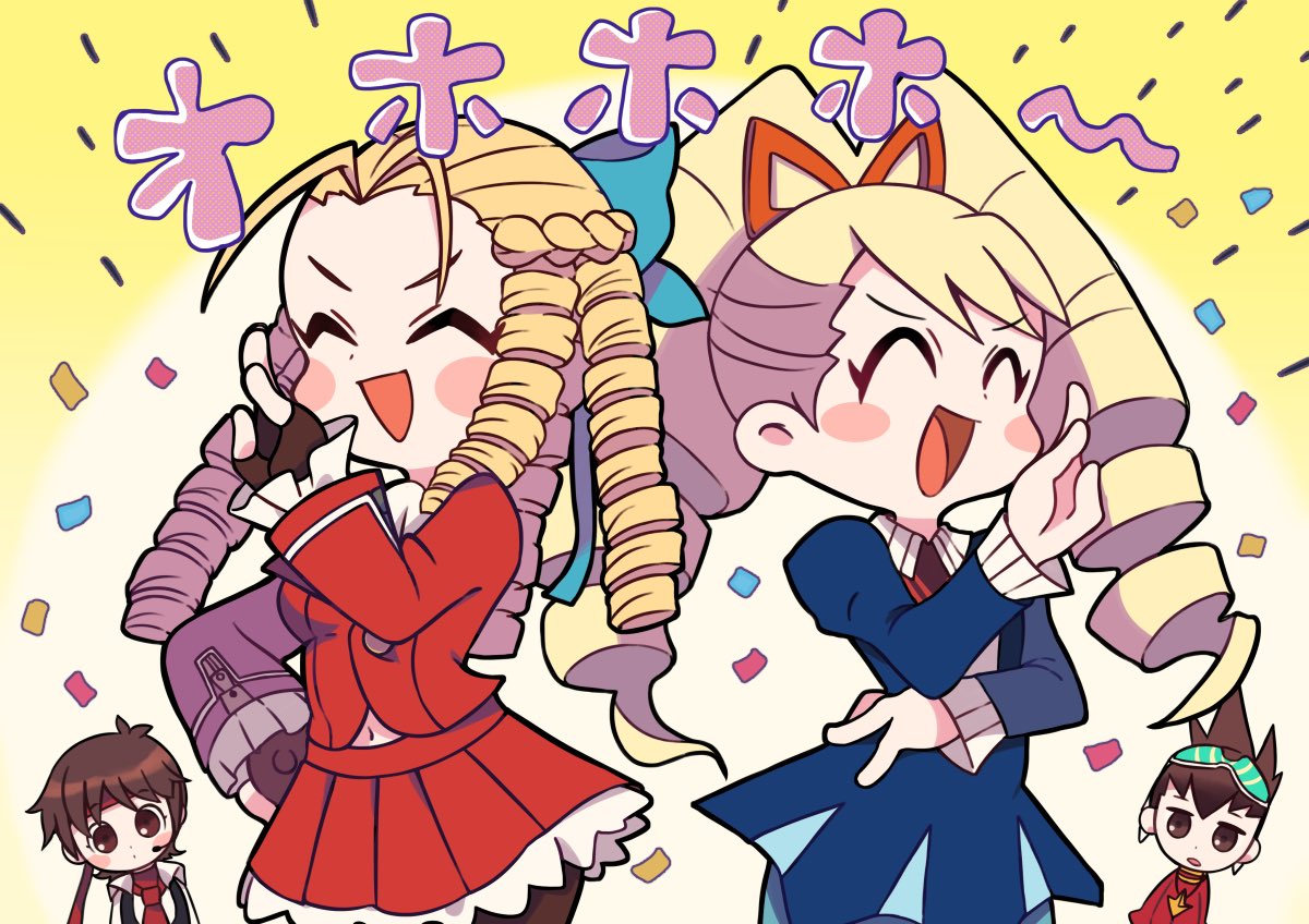 1boy 3girls blonde_hair blush_stickers braid capcom company_connection confetti crossover dress drill_hair fingerless_gloves frilled_sleeves frills geo_stelar_(mega_man) gloves goggles goggles_on_head hand_on_hip headband kanzuki_karin kasugano_sakura laughing luna_platz_(mega_man) mega_man_(series) mega_man_star_force midriff miyata_(lhr) multiple_girls necktie ojou-sama_pose red_headband skirt street_fighter street_fighter_v trait_connection twin_drills