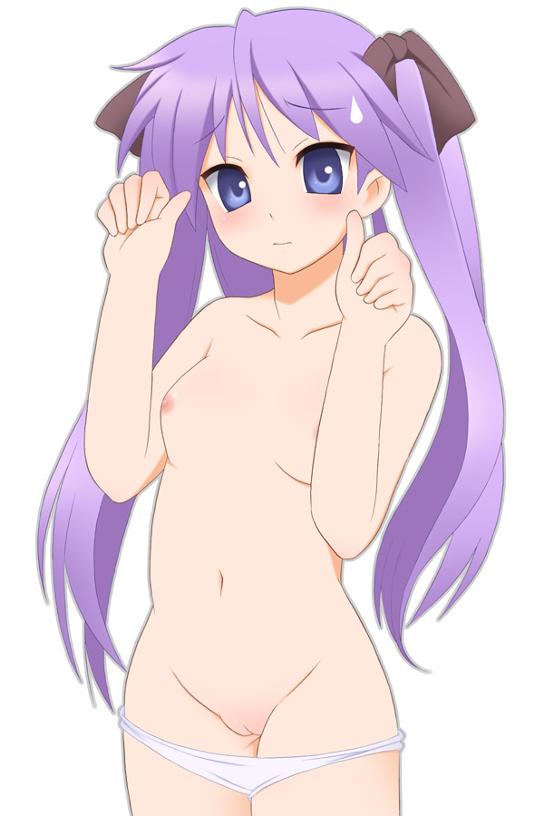 blue_eyes blush breasts collarbone groin hair_ribbon hiiragi_kagami kurappii long_hair lucky_star navel nervous nipples non-web_source panties panty_pull purple_hair pussy ribbon simple_background small_breasts solo sweatdrop topless tsurime twintails underwear white_panties
