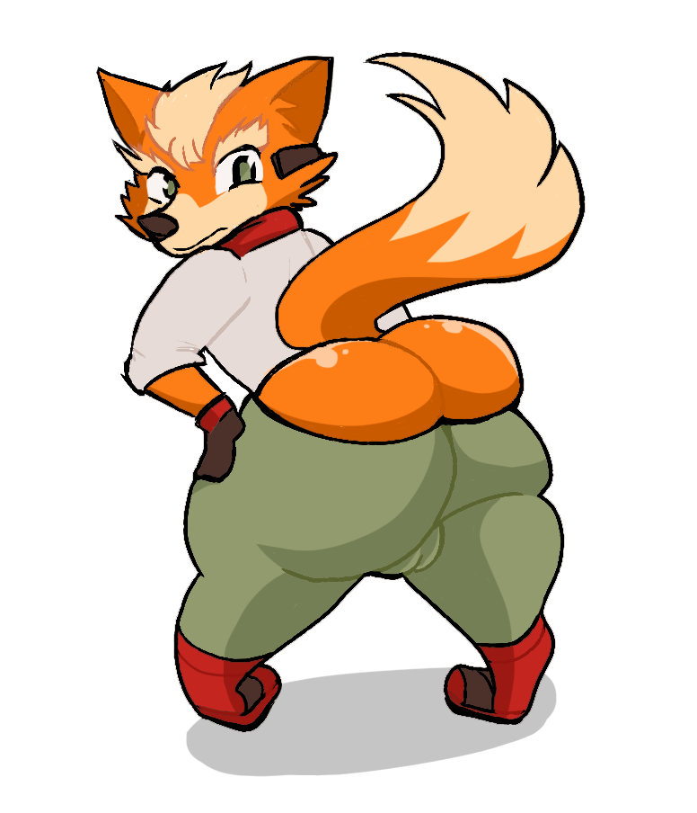 anthro bottomwear bottomwear_down bulge butt canid canine clothed clothing dipstick_tail footwear fox fox_mccloud fur gloves green_eyes hand_on_hip handwear looking_at_viewer looking_back male mammal markings nintendo orange_body orange_fur pants pants_down partially_clothed presenting presenting_hindquarters raised_tail rear_view shoes simple_background solo star_fox starrybuns tail_markings video_games white_background