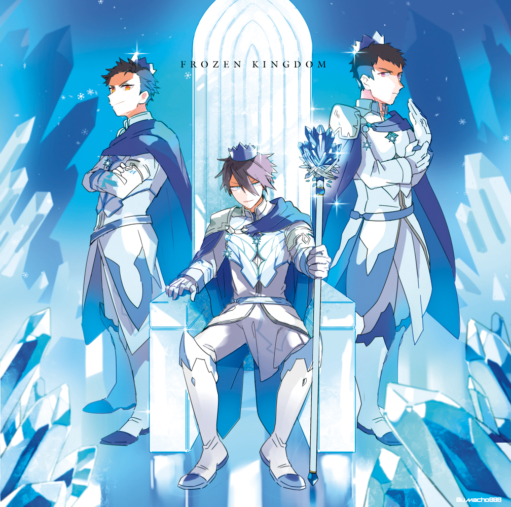 3boys adjusting_clothes adjusting_gloves akuno_hideo alternate_costume armor belt black_hair blue_eyes boots brown_hair cape crossed_arms crown frame_(idolmaster) gloves ice idol idolmaster idolmaster_side-m jacket kimura_ryu knee_boots looking_at_viewer male_focus multiple_boys purple_eyes red_eyes ryouma_(888) shingen_seiji shirt short_hair shoulder_armor smile staff throne white_gloves