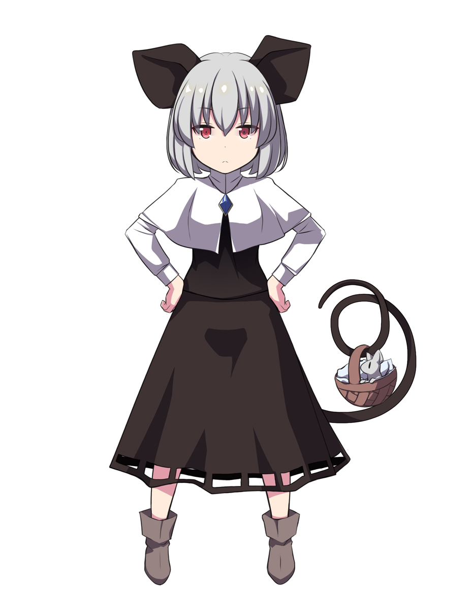 1girl animal_ears bangs basket breasts brown_footwear capelet closed_mouth commentary_request crystal expressionless full_body grey_hair grey_skirt grey_vest hands_on_hips highres jewelry layered_clothes long_skirt long_sleeves looking_at_viewer mouse mouse_ears mouse_girl mouse_tail nazrin otoufu_(wddkq314band) pendant red_eyes shirt shoes short_hair simple_background skirt skirt_set small_breasts standing tail touhou vest white_background white_capelet white_shirt