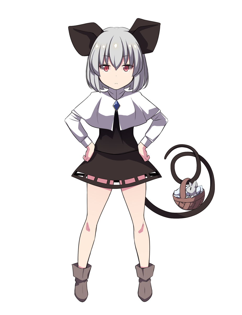 1girl animal_ears bangs basket breasts brown_footwear capelet closed_mouth commentary_request crystal expressionless full_body grey_hair grey_skirt grey_vest hands_on_hips highres jewelry layered_clothes long_sleeves looking_at_viewer miniskirt mouse mouse_ears mouse_girl mouse_tail nazrin otoufu_(wddkq314band) pendant red_eyes shirt shoes short_hair simple_background skirt skirt_set small_breasts standing tail touhou vest white_background white_capelet white_shirt