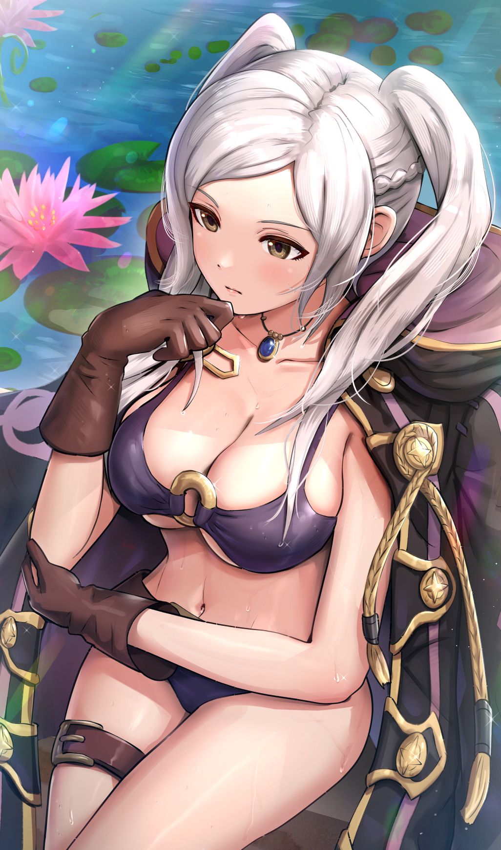 1girl alternate_costume bikini black_coat breasts brown_eyes brown_gloves cleavage cloak closed_mouth coat collarbone commentary elbow_rest fire_emblem fire_emblem_awakening fire_emblem_heroes from_above gloves gonzarez highres hood hooded_cloak jewelry lily_pad long_hair looking_ahead medium_breasts navel o-ring o-ring_bikini official_alternate_costume pendant purple_bikini purple_swimsuit robin_(fire_emblem) robin_(fire_emblem)_(female) sidelocks sitting solo swimsuit thigh_strap twintails water wet white_hair
