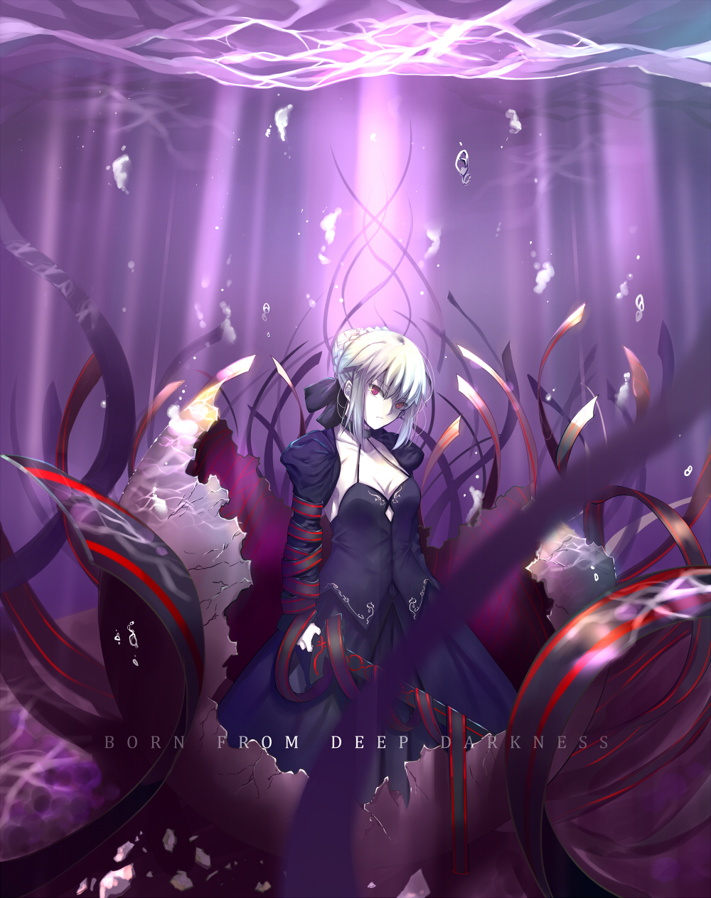 1girl artoria_pendragon_(fate) braid breasts bubble eggshell english_text excalibur_morgan_(fate) fate/grand_order fate_(series) french_braid grey_hair highres iro_(sekaixiro) light_rays looking_at_viewer red_eyes saber saber_alter small_breasts solo type-moon underwater