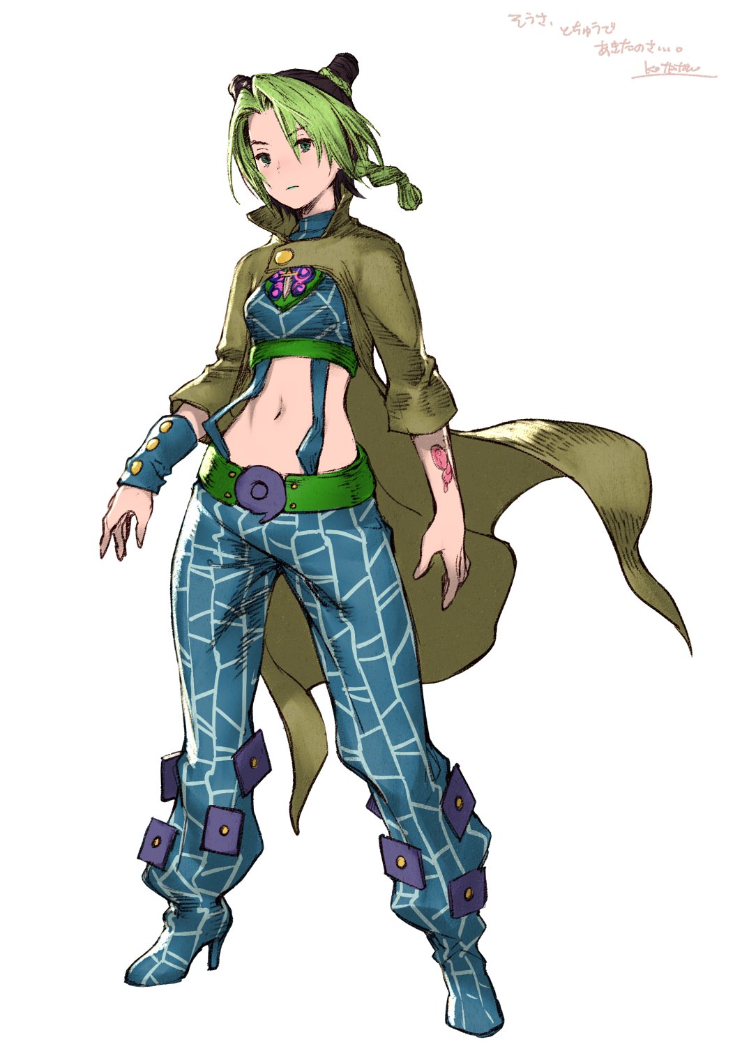 1girl arm_tattoo blue_eyes blue_pants braid closed_mouth coat double_bun full_body green_hair green_lips hair_bun high_heels highres jojo_no_kimyou_na_bouken kotatsu_(g-rough) kujo_jolyne lipstick looking_at_viewer makeup midriff navel pants simple_background solo standing stone_ocean tattoo white_background