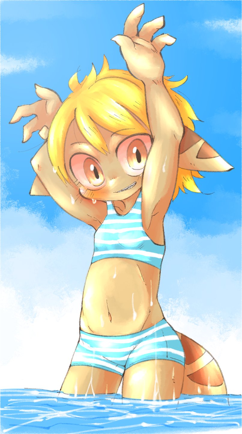 anthro bamfear blonde_hair blush brown_body clothed clothing doneru fangs female hair hi_res looking_at_viewer navel partially_submerged raised_arms sky smile solo swimming_trunks swimwear tany_(doneru) two_piece_swimsuit water wet young