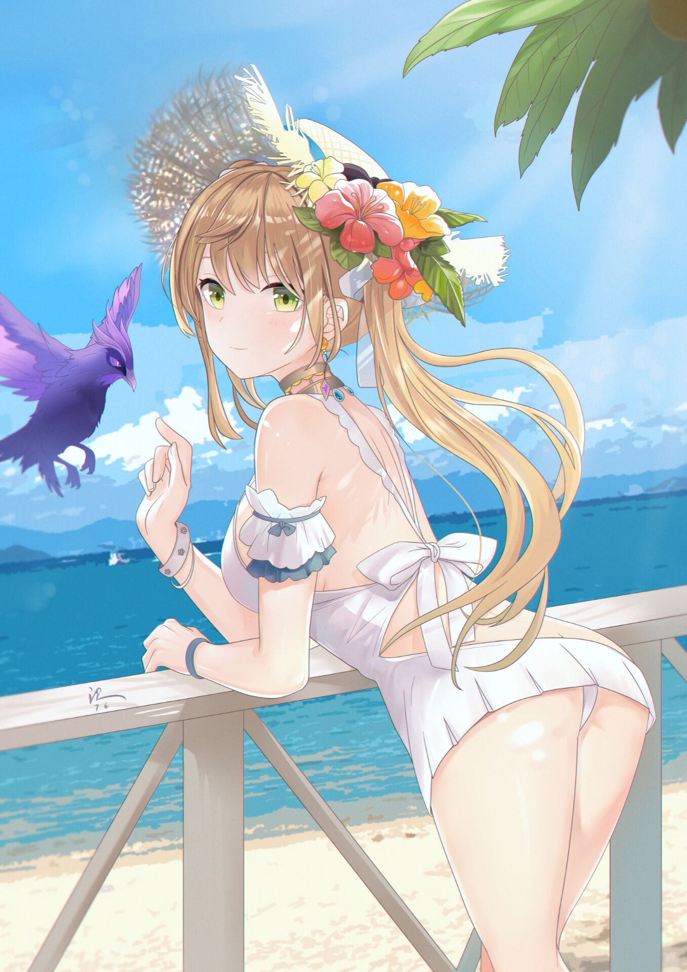 1girl against_railing alternate_costume arm_garter ass back bangle bare_legs bare_shoulders bird blonde_hair blue_sky blush bow bracelet breasts cloud cloudy_sky commentary_request crow dated day dress earrings elbow_rest fischl_(genshin_impact) flower frilled_garter from_behind genshin_impact gold_choker green_eyes hair_flower hair_ornament hat hibiscus highres index_finger_raised jewelry leaf medium_breasts no_eyepatch ocean orange_flower outdoors panties ponytail railing sand short_dress signature sky smile solo standing straw_hat summer sun_hat thighs underwear water white_bow white_dress white_garter white_panties wristband zhongli963