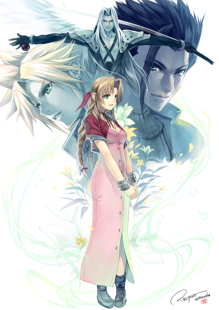 1girl 3boys aerith_gainsborough armor asymmetrical_hair bangle bangs black_gloves black_hair black_jacket blonde_hair boots bracelet braid braided_ponytail breasts buttons chest_strap choker cleavage cloud_strife cropped_jacket dress earrings final_fantasy final_fantasy_vii final_fantasy_vii_remake flower full_body gloves green_eyes grey_hair hair_ribbon hair_slicked_back highres hiiro_yuki holding holding_sword holding_weapon jacket jewelry lifestream long_dress long_hair long_sleeves masamune_(ff7) materia medium_breasts multiple_boys parted_bangs parted_lips pink_dress portrait puffy_short_sleeves puffy_sleeves red_jacket ribbon sephiroth short_hair short_sleeves shoulder_armor sidelocks single_earring single_wing smile spiked_hair sword turtleneck unbuttoned_dress upper_body weapon white_background wings yellow_flower zack_fair