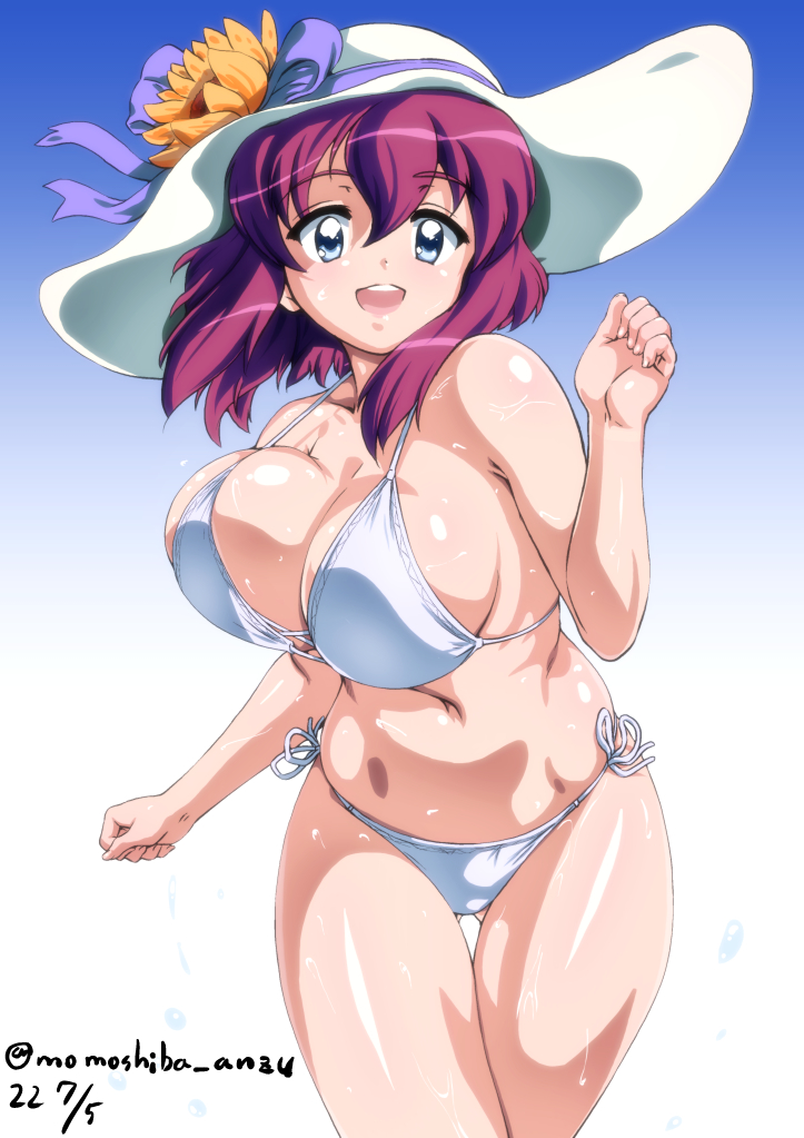 1girl :d bikini blue_background blue_bow blue_eyes bouncing_breasts bow breasts cleavage dated flower gradient gradient_background hat hat_bow hat_flower henrietta_de_tristain large_breasts looking_at_viewer medium_hair nafta open_mouth purple_hair running shiny shiny_skin side-tie_bikini simple_background smile solo sun_hat swimsuit thigh_gap thighs twitter_username wet white_background white_bikini white_headwear zero_no_tsukaima