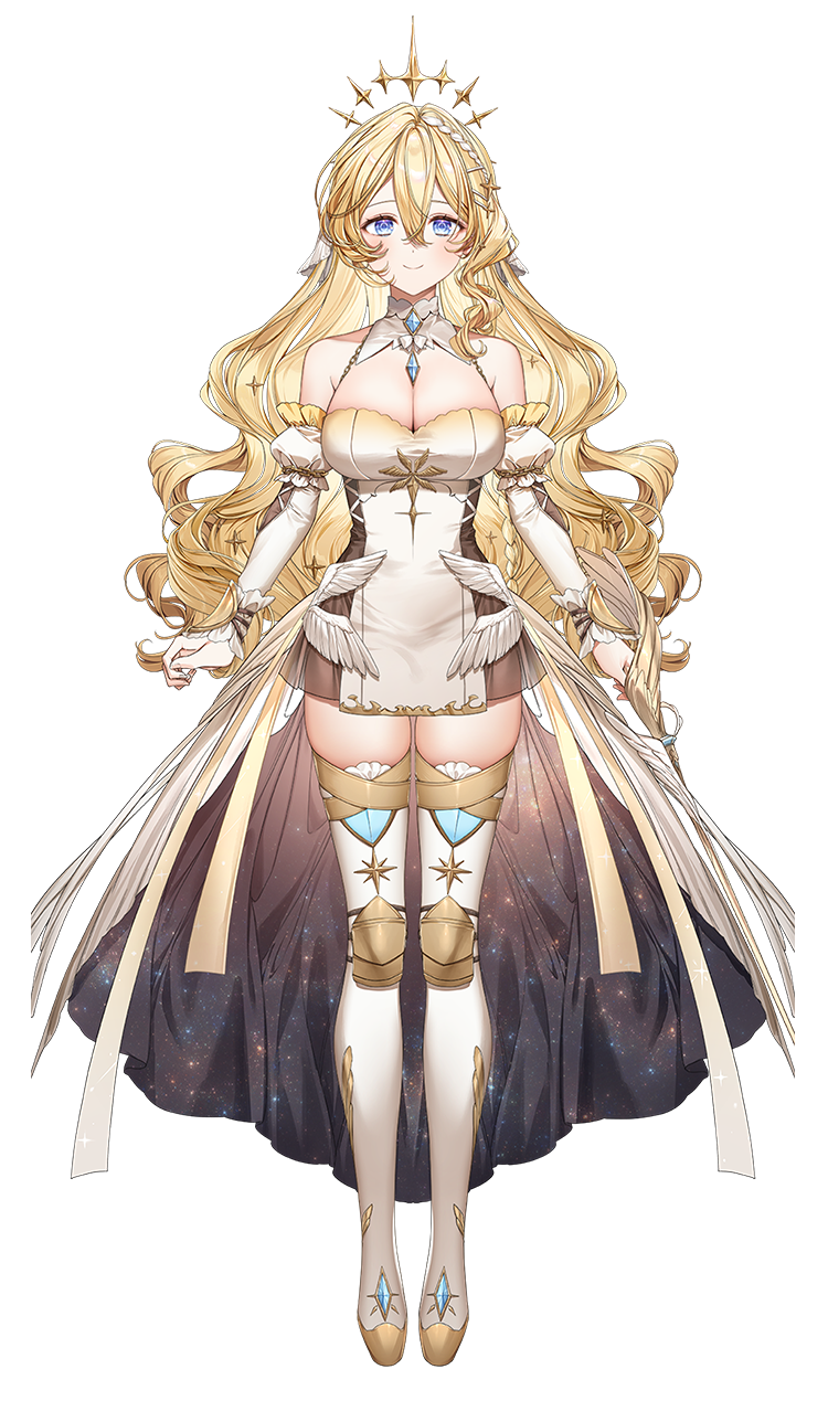 1girl arms_at_sides bangs blonde_hair blue_eyes boots breasts cleavage closed_mouth detached_sleeves dress eleanor_stella full_body hair_between_eyes highres large_breasts long_hair looking_at_viewer nkshoujo official_art pillo simple_background smile solo thigh_boots transparent_background