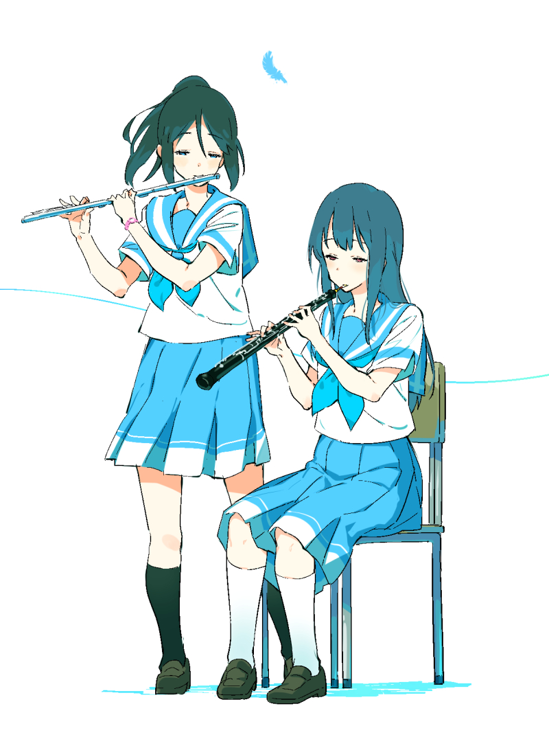 2girls bangs black_footwear black_hair black_socks blue_feathers blue_hair blue_neckerchief blue_sailor_collar blue_skirt blush bonbas24 chair closed_eyes feathers flute hands_up hibike!_euphonium holding holding_instrument instrument kasaki_nozomi kitauji_high_school_uniform kneehighs liz_to_aoi_tori loafers long_hair looking_down multiple_girls music neckerchief oboe playing_instrument pleated_skirt ponytail red_eyes sailor_collar school_uniform serafuku shirt shoes short_sleeves sitting skirt standing uniform white_background white_shirt white_socks yoroizuka_mizore