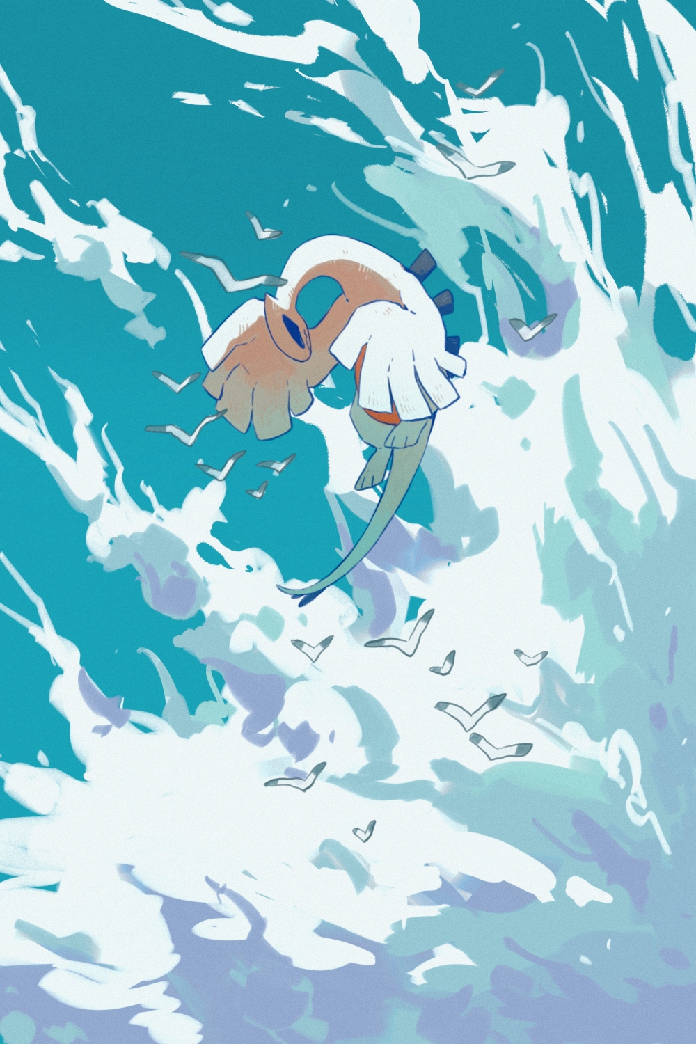 above_clouds bird closed_eyes closed_mouth cloud commentary_request day flying highres lugia no_humans outdoors pokemon pokemon_(creature) wulie_errr