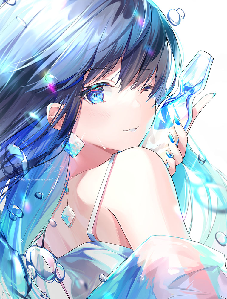 1girl bangs bare_shoulders black_hair blue_eyes blue_hair blue_nails blush bottle commentary_request dress from_behind hair_between_eyes hand_up holding holding_bottle kagachi_saku long_hair looking_at_viewer looking_back multicolored_hair nail_polish one_eye_closed original parted_lips ramune see-through signature simple_background sleeveless sleeveless_dress solo two-tone_hair water_drop watermark web_address white_background white_dress