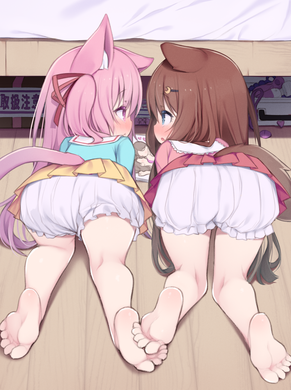 2girls all_fours animal_ear_fluff animal_ears arashiya ass azur_lane barefoot bed bedroom bloomers blue_eyes blue_shirt blush brown_hair cat_ears cat_girl cat_tail commission commissioner_upload crescent crescent_hair_ornament dog_ears dog_girl dog_tail eye_contact face-to-face feet from_behind fumizuki_(azur_lane) hair_ornament hairclip highres kindergarten_uniform kisaragi_(azur_lane) kneepits long_hair looking_at_another magazine_(object) multiple_girls open_mouth pink_eyes pink_hair pink_skirt pornography ribbon shirt side_ponytail skeb_commission skirt tail thighs toes top-down_bottom-up underwear very_long_hair white_bloomers yellow_skirt