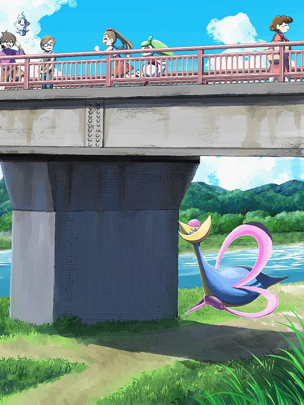 2boys 2girls beads blue_shirt blush bridge brown_hair closed_eyes closed_mouth cloud commentary_request cresselia day fence glasses grass hair_beads hair_ornament long_hair mukiguri multiple_boys multiple_girls outdoors path pokemon pokemon_(creature) ponytail river shirt short_hair skirt sky smile steenee vanillite water