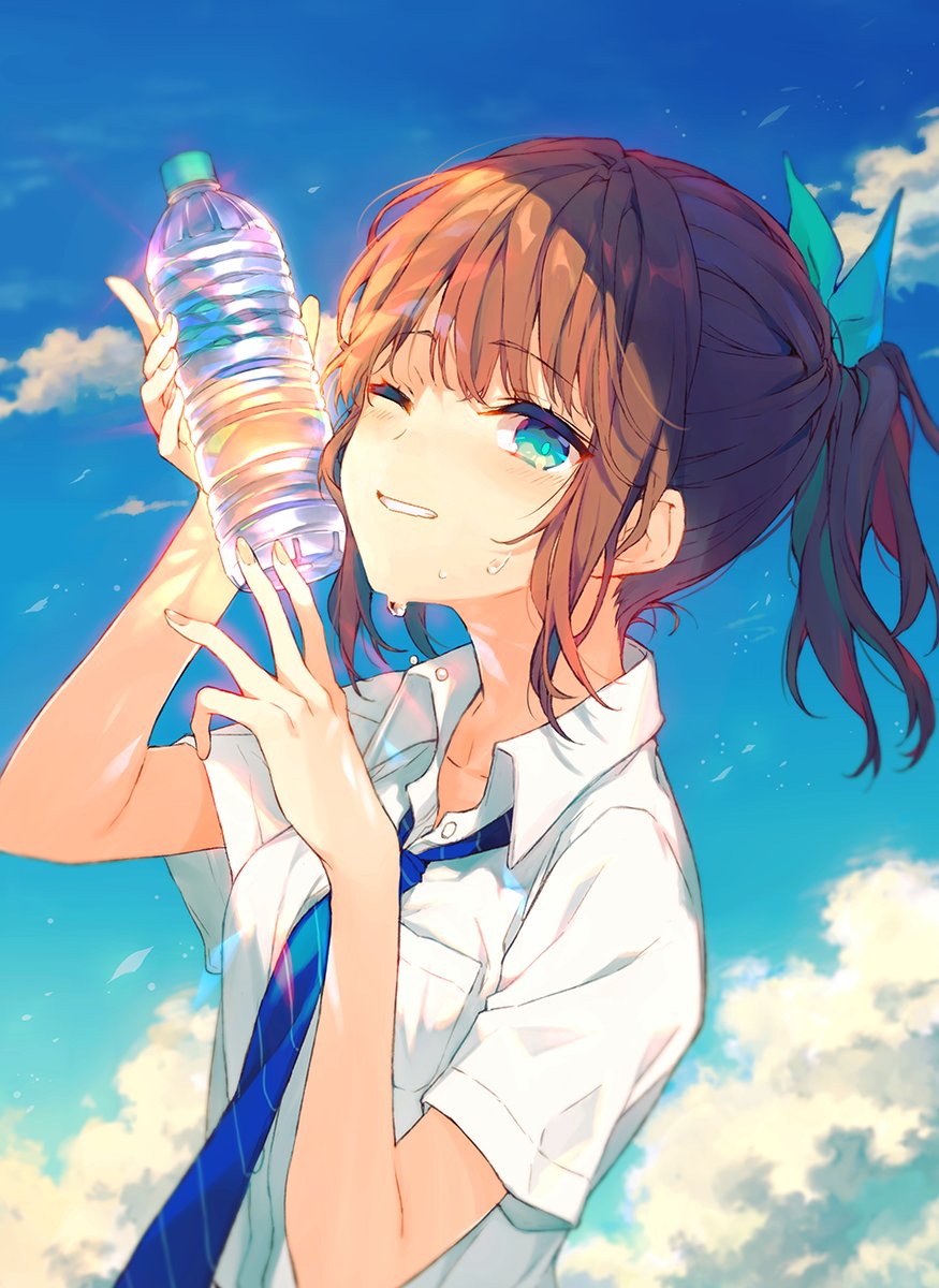 1girl bangs blue_eyes blue_necktie blue_ribbon blue_sky blush bottle brown_hair cloud collared_shirt dress_shirt hair_ribbon hands_up highres holding holding_bottle long_hair looking_at_viewer necktie one_eye_closed original outdoors parted_lips ponytail reia ribbon school_uniform shirt short_sleeves sky smile solo water_bottle white_shirt