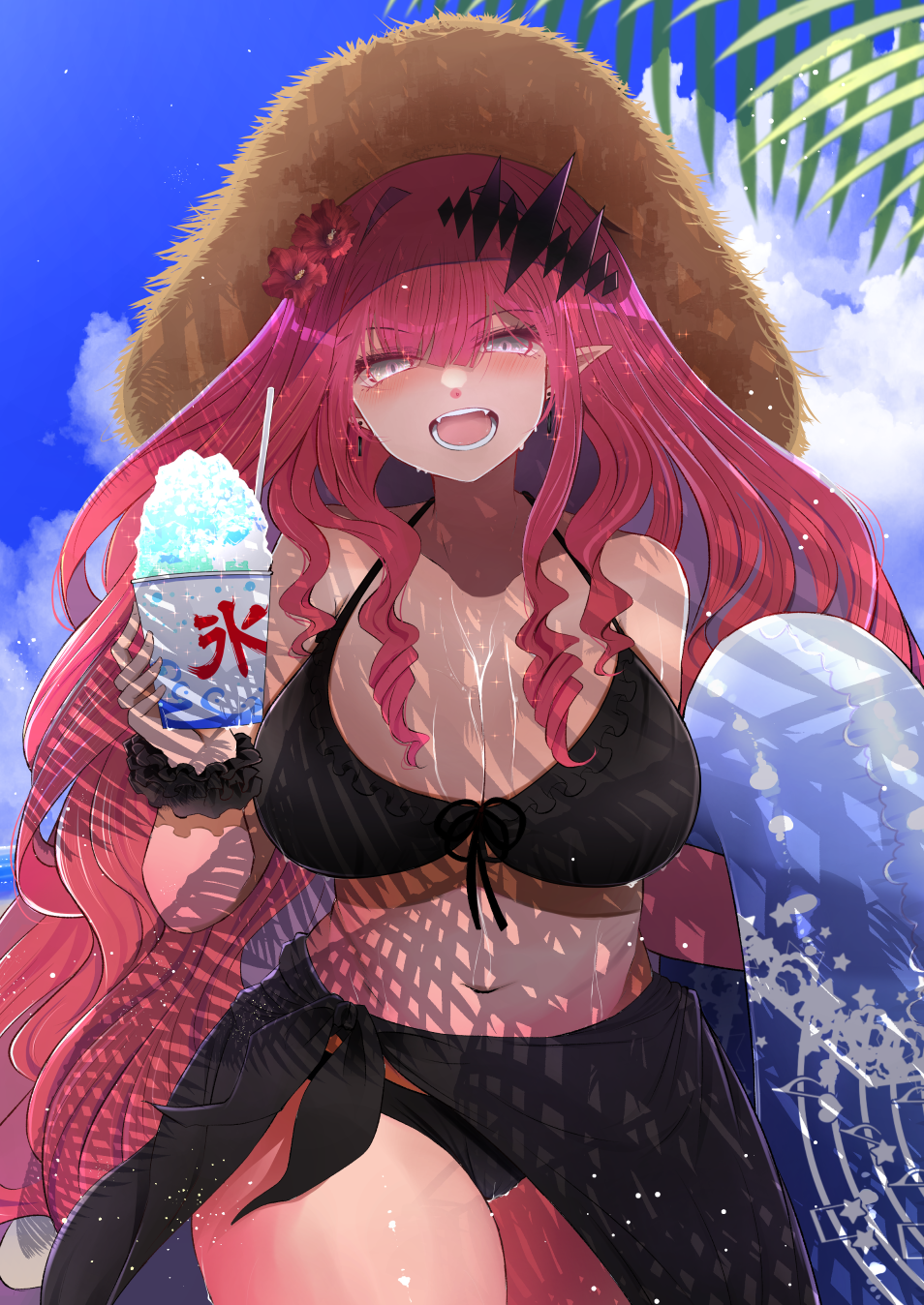 arano_oki bikini black_bikini breasts earrings fairy_knight_tristan_(fate) fangs fate/grand_order fate_(series) flower grey_eyes hair_flower hair_ornament hat highres innertube jewelry large_breasts long_hair navel open_mouth pink_hair pointy_ears scrunchie shaved_ice straw_hat swimsuit wet wrist_scrunchie