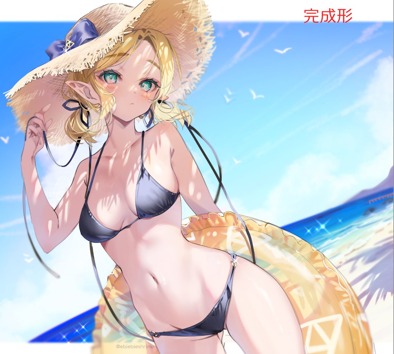 1girl aqua_eyes bangs bare_shoulders beach bikini bird black_bikini black_ribbon blonde_hair blue_bow blue_sky blurry blurry_background blush bow breasts closed_mouth cloud cloudy_sky collarbone cowboy_shot day dutch_angle eyeshadow hair_ribbon hat hat_bow holding holding_innertube horizon innertube looking_at_viewer low_twintails makeup medium_breasts navel ocean original outdoors paid_reward_available parted_bangs pointy_ears ribbon seagull shuri_(84k) sky solo sparkle standing stomach straw_hat string_bikini summer sun_hat swimsuit thighs twintails twitter_username water watermark