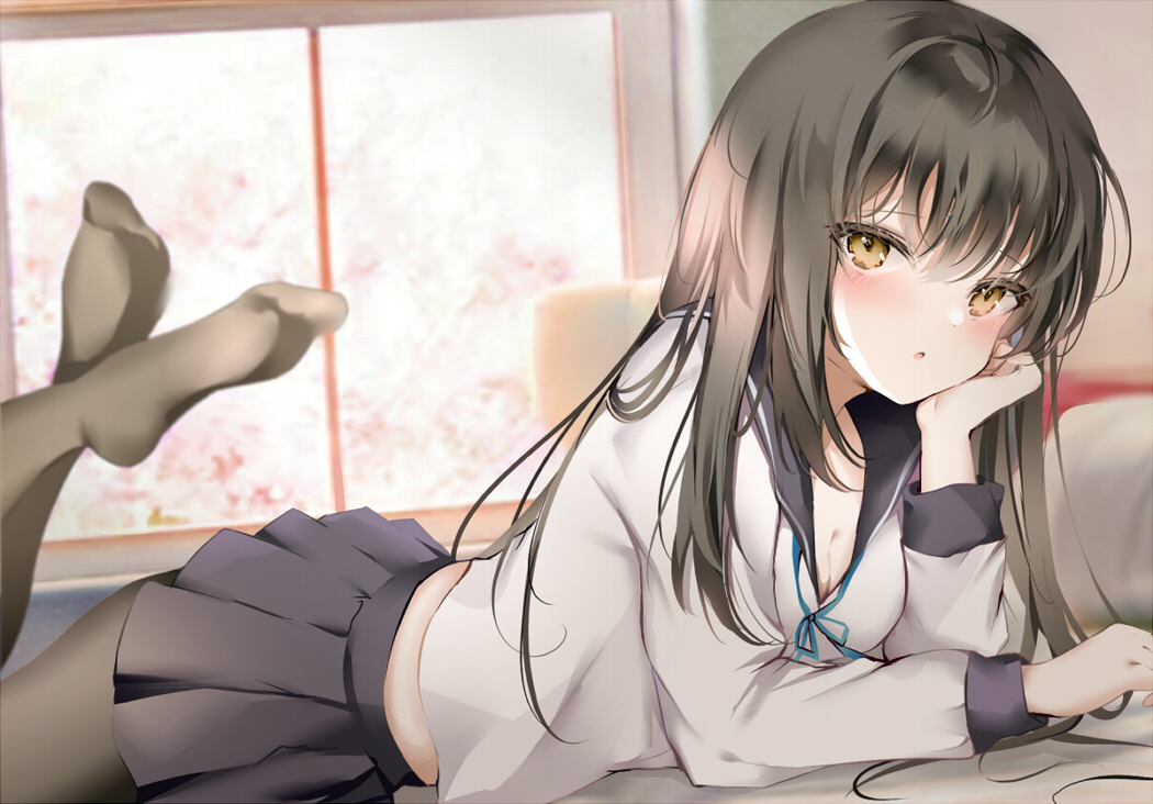 1girl :o bangs black_hair black_skirt blue_ribbon blurry blurry_background blush breasts brown_eyes cleavage commentary_request depth_of_field hair_between_eyes hand_up indoors legs_up long_sleeves looking_at_viewer lying medium_breasts neck_ribbon no_shoes on_stomach original parted_lips pleated_skirt pon_(ponidrop) ribbon skirt solo the_pose window