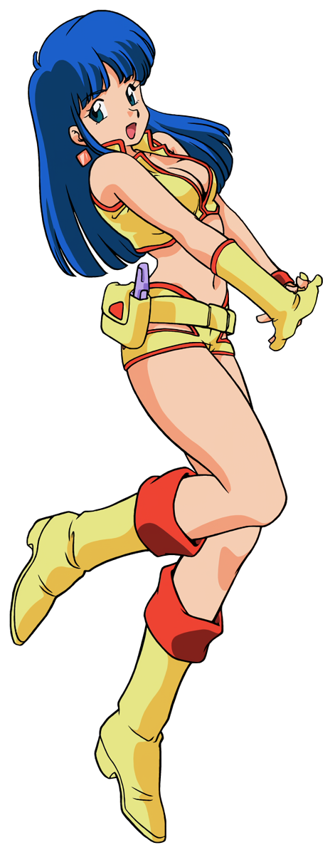 1girl bare_shoulders blue_eyes blue_hair boots breasts cleavage crop_top dirty_pair earrings full_body gloves highres holster jewelry long_hair looking_at_viewer midriff navel non-web_source official_art open_mouth own_hands_together photoshop_(medium) single_glove sleeveless solo thighs v_arms yellow_gloves yuri_(dirty_pair)