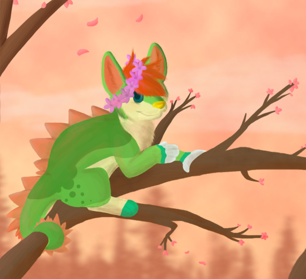 2014 ambiguous_gender back_spikes blue_eyes bluekyokitty blurred_background chameleon cherry_blossom digital_media_(artwork) digital_painting_(artwork) digitigrade felid feline feral feral_with_hair flower flower_crown full-length_portrait fur green_body green_fur hair hair_over_eye handpaw hybrid in_tree lizard looking_at_viewer male_(lore) mammal one_eye_obstructed outside paws pink_inner_ear pink_sky plant portrait prehensile_tail red_hair reptile scalie sebdoggo shaded smile snout solo spiked_tail spikes spikes_(anatomy) tail tan_body tan_fur tree yellow_nose