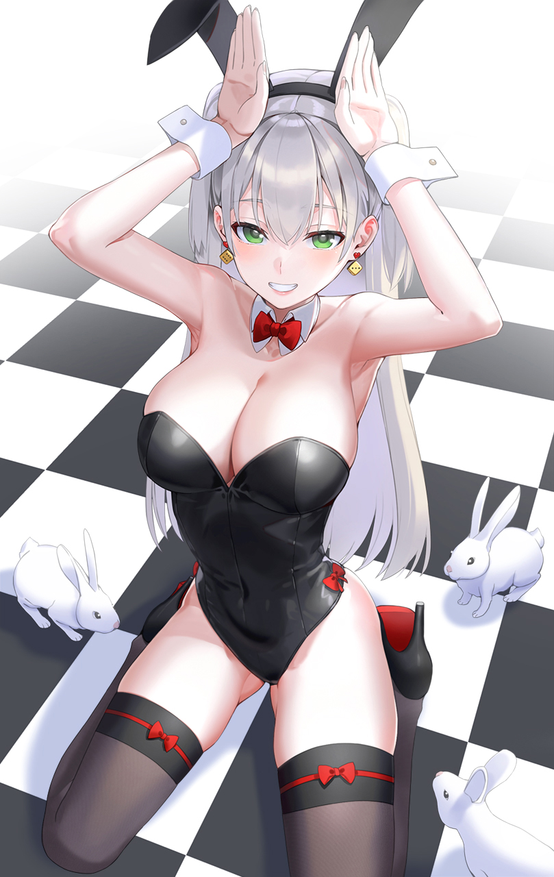 1girl animal_ears ass_visible_through_thighs bare_shoulders black_leotard bow bowtie breasts checkered_floor cleavage collarbone commentary covered_navel detached_collar dice_earrings earrings fake_animal_ears green_eyes grey_hair hair_between_eyes hands_up highres jewelry kfr leotard long_hair looking_at_viewer original playboy_bunny rabbit rabbit_ears red_bow red_bowtie sitting smile solo symbol-only_commentary thighs