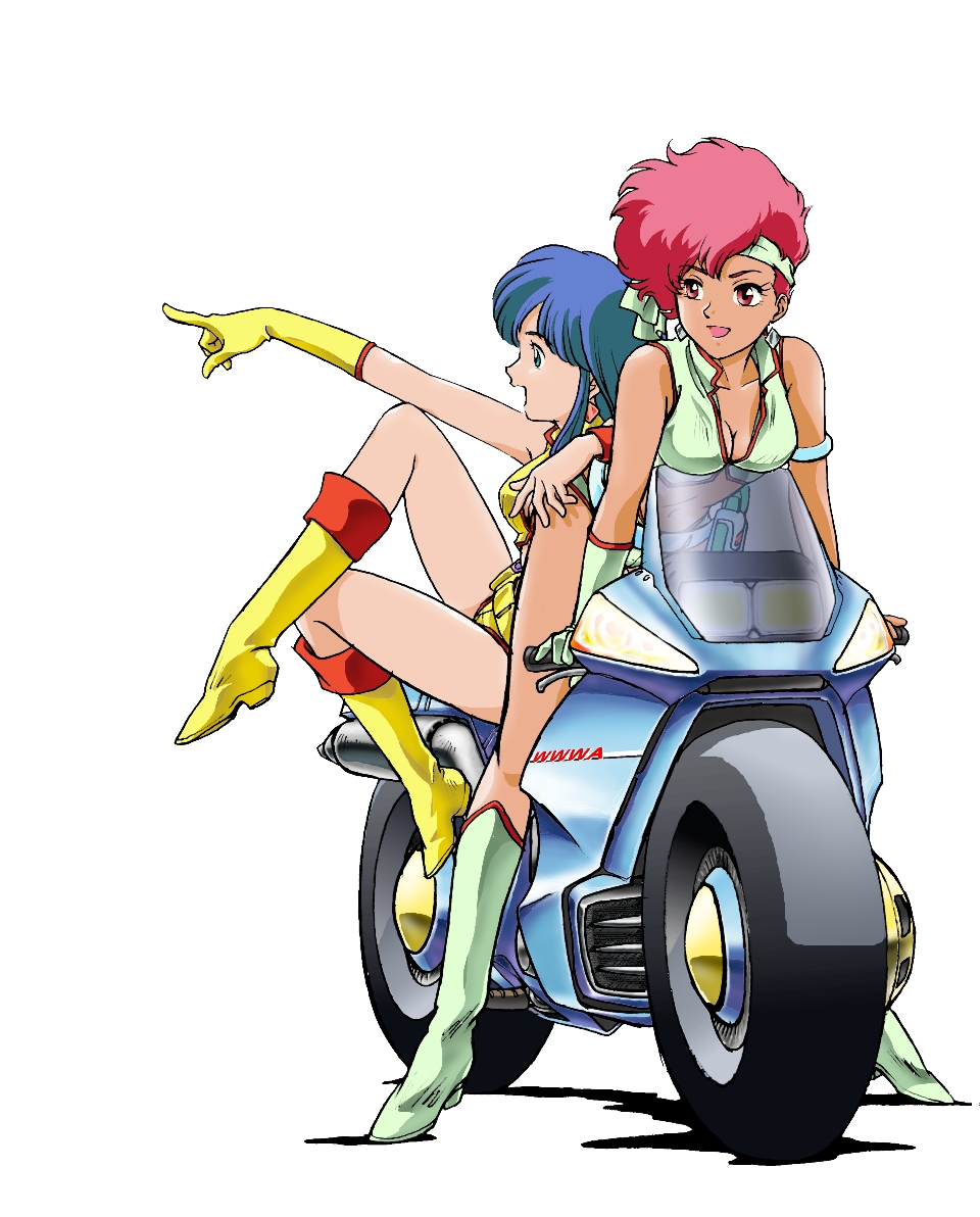 1980s_(style) 2girls blue_eyes blue_hair boots breasts cleavage crop_top dark-skinned_female dark_skin dirty_pair earrings headband jewelry kei_(dirty_pair) knee_boots leaning_forward motor_vehicle motorcycle multiple_girls non-web_source official_art on_motorcycle open_mouth photoshop_(medium) pointing red_eyes red_hair retro_artstyle simple_background smile white_background yuri_(dirty_pair)