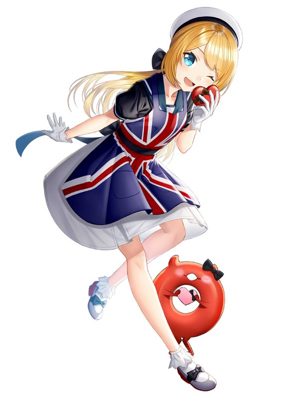 1girl apron black_neckwear blonde_hair blue_eyes blue_sailor_collar commentary dress enemy_lifebuoy_(kantai_collection) english_commentary gloves hat heart jervis_(kantai_collection) kantai_collection kyon_(fuuran) mary_janes open_mouth sailor_collar sailor_dress sailor_hat shoes short_sleeves smile union_jack valentine white_background white_dress white_gloves white_hat