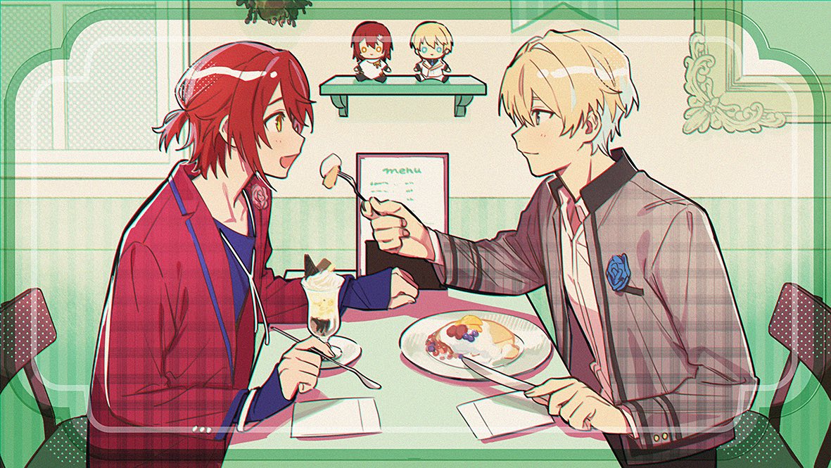 2boys :d blonde_hair blue_eyes blue_flower blue_rose blue_shirt blueberry boutonniere cafe chair character_doll chocolate closed_mouth collared_shirt cream eye_contact feeding flower food fork from_side fruit grey_jacket hair_between_eyes half_updo hanasaki_miyabi holding holding_fork holding_knife holding_spoon holostars indoors jacket kishido_temma knife lapels long_sleeves looking_at_another male_focus menu momose_(oqo) multiple_boys napkin notched_lapels official_alternate_costume open_clothes open_collar open_jacket pancake parfait picture_frame pink_flower pink_rose plaid plaid_jacket profile red_hair red_jacket rose shelf shirt short_hair sleeves_past_wrists smile spoon strawberry table upper_body virtual_youtuber white_shirt window yellow_eyes